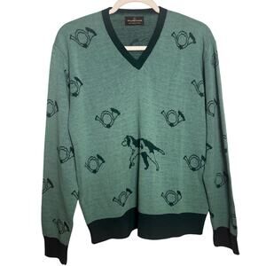 VTG Puritan Green V-Neck Dog & French Horn Sweater Men’s Size L